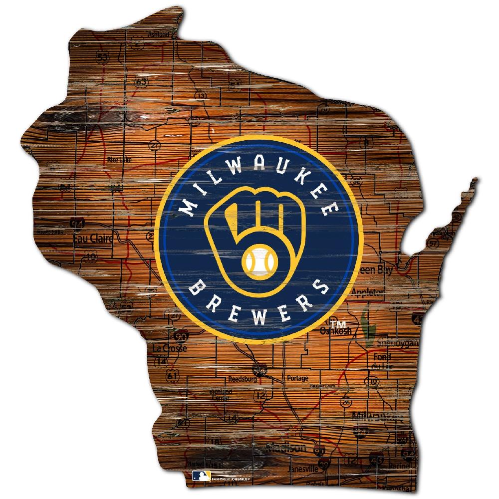 fan creations Milwaukee Brewers Distressed State With Logo Sign