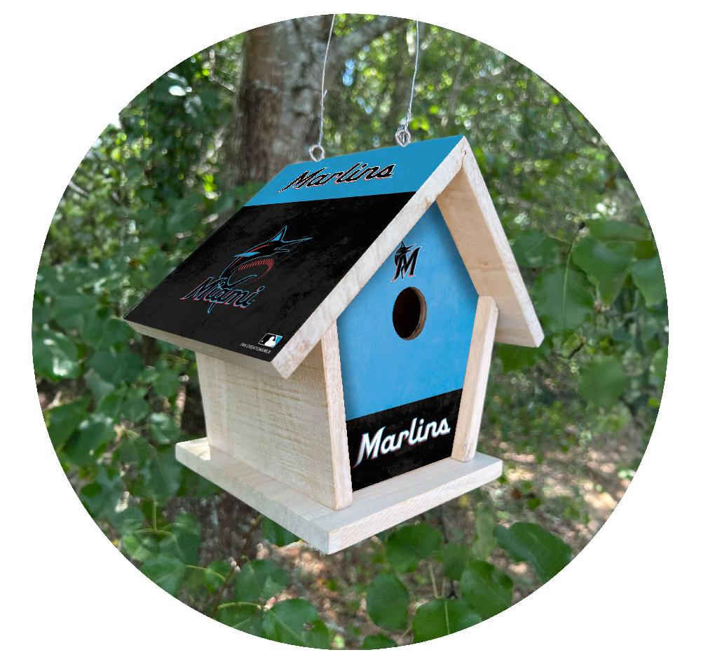 fan creations MLB Miami Marlins-Themed Birdhouse – White Mahogany with Bright UV Printed Team Colors