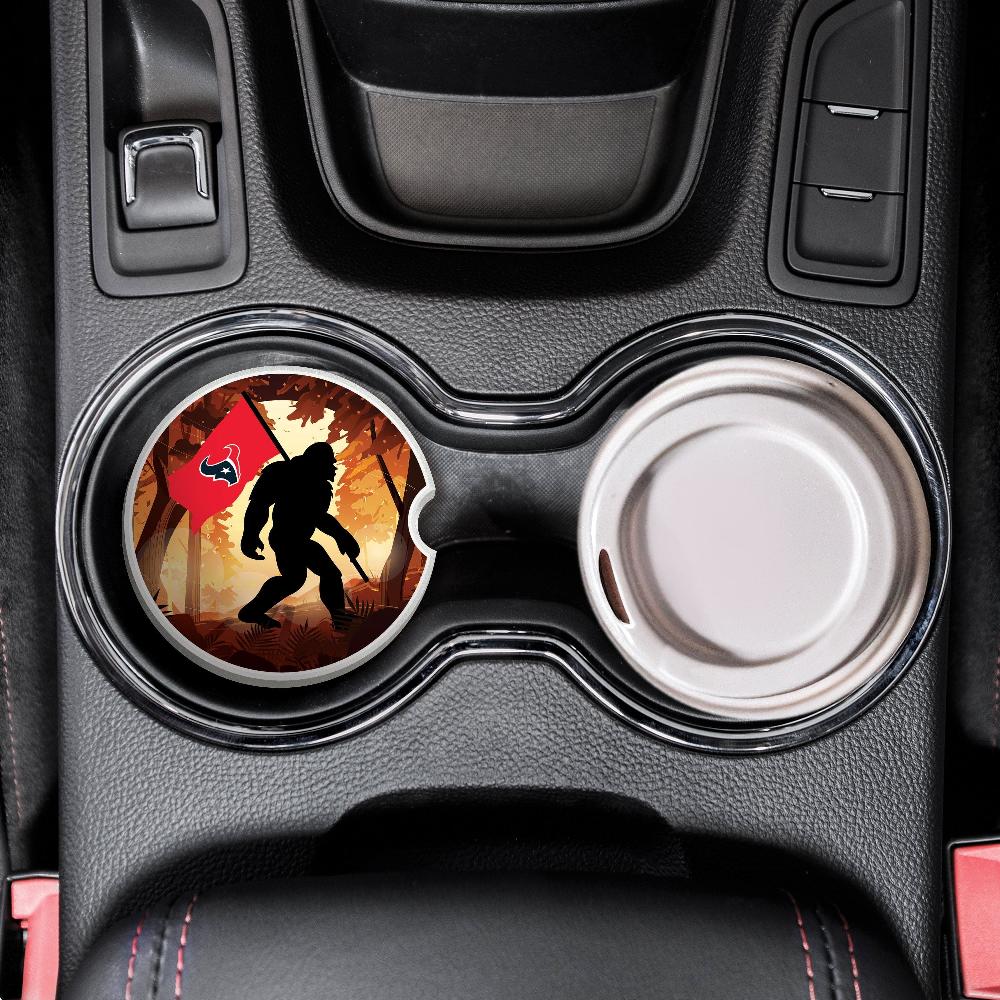 fan creations NFL Houston Texans Themed Ceramic Car Coaster – 2.5" Bigfoot Carrying Team Flag Design - 2 Pack