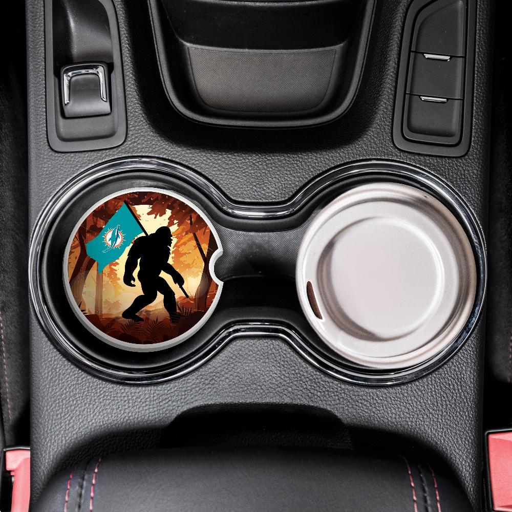 fan creations NFL Miami Dolphins Themed Ceramic Car Coaster – 2.5" Bigfoot Carrying Team Flag Design - 2 Pack