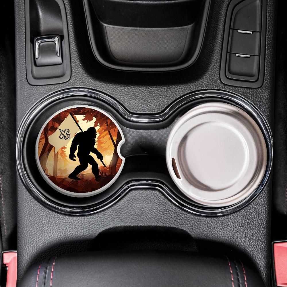 fan creations NFL New Orleans Saints Themed Ceramic Car Coaster – 2.5" Bigfoot Carrying Team Flag Design - 2 Pack