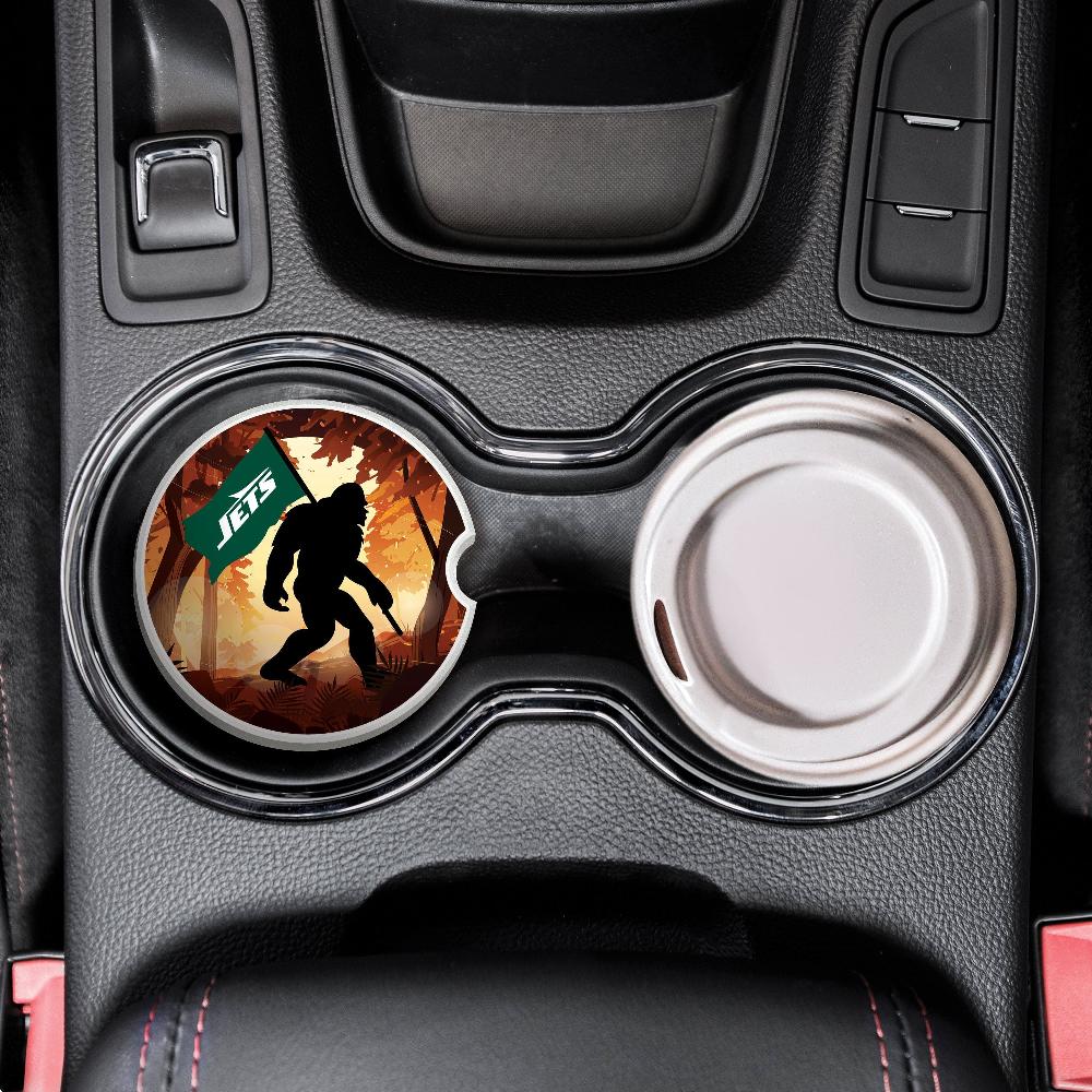 fan creations NFL New York Jets Themed Ceramic Car Coaster – 2.5" Bigfoot Carrying Team Flag Design - 2 Pack